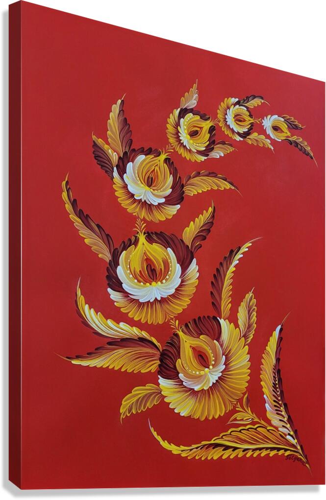 Tetyana Nechyporenko ArtKvitka  -  Crimson Sky  - Petrykivka Style  - Acrylic - 12 x 16  Canvas Print