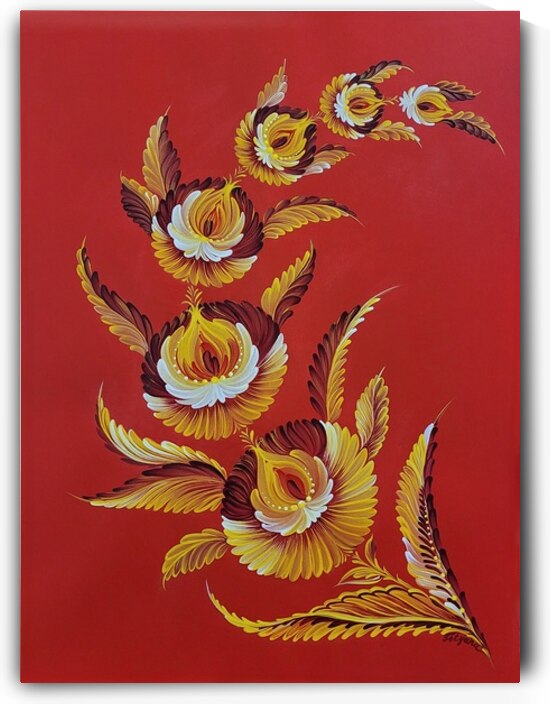 Tetyana Nechyporenko ArtKvitka  -  Crimson Sky  - Petrykivka Style  - Acrylic - 12 x 16  by Global Art League