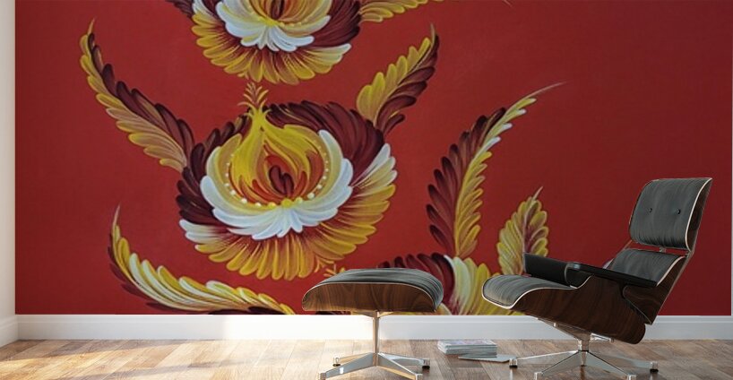 Tetyana Nechyporenko ArtKvitka  -  Crimson Sky  - Petrykivka Style  - Acrylic - 12 x 16  Wall Murals