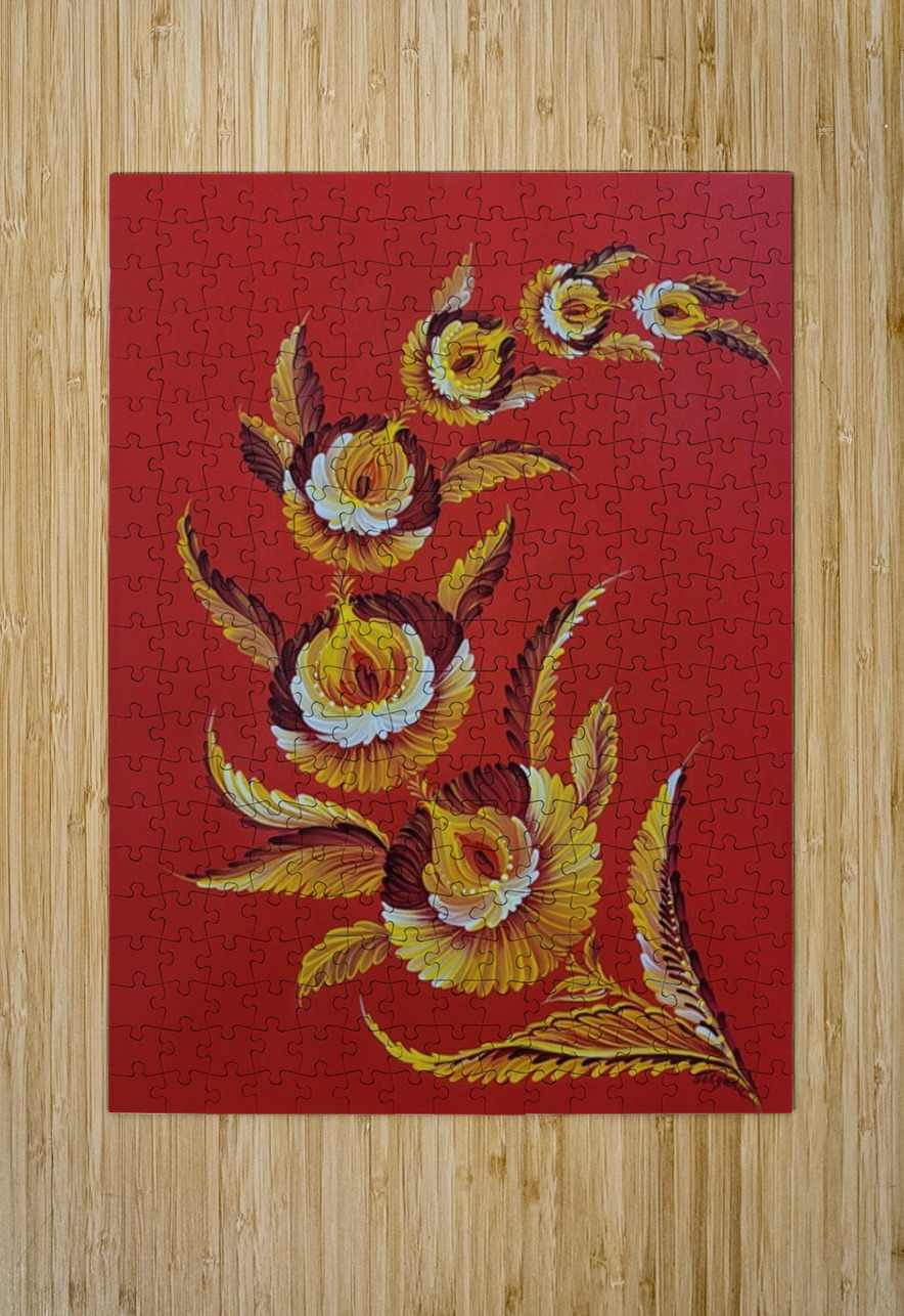 Tetyana Nechyporenko ArtKvitka  -  Crimson Sky  - Petrykivka Style  - Acrylic - 12 x 16  Global Art League Puzzle printing